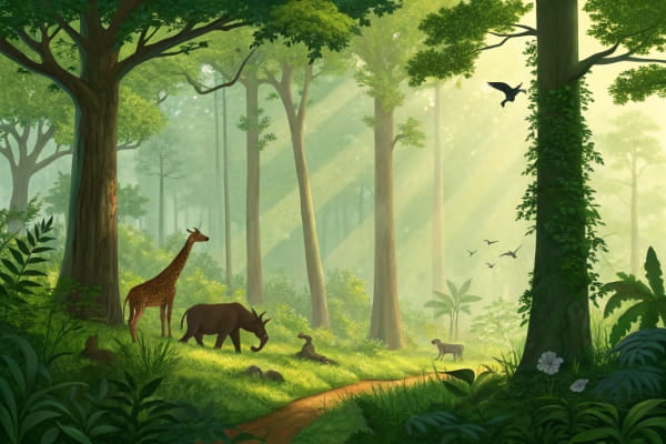 A lush forest with diverse wildlife