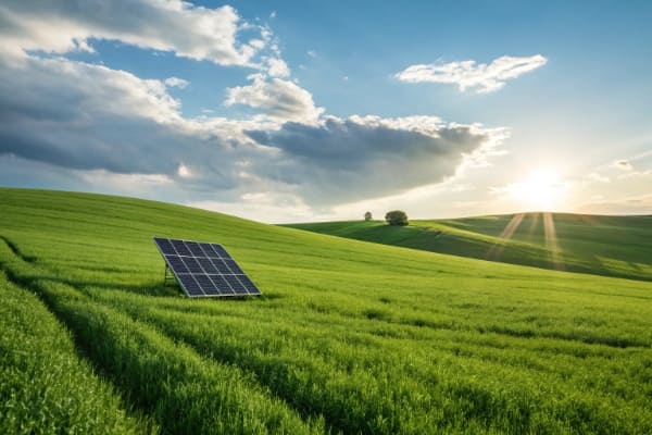 A lush green field with a single solar panel under the sun
