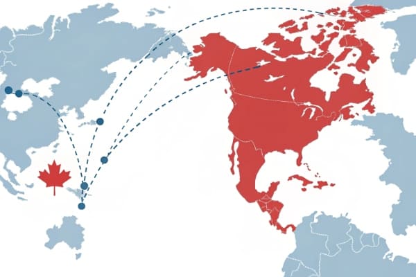A map showing a connection between China and Canada