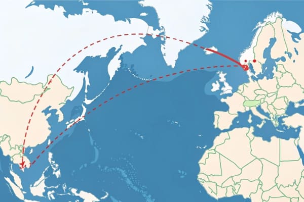 A map showing the shipping route from China to Canada