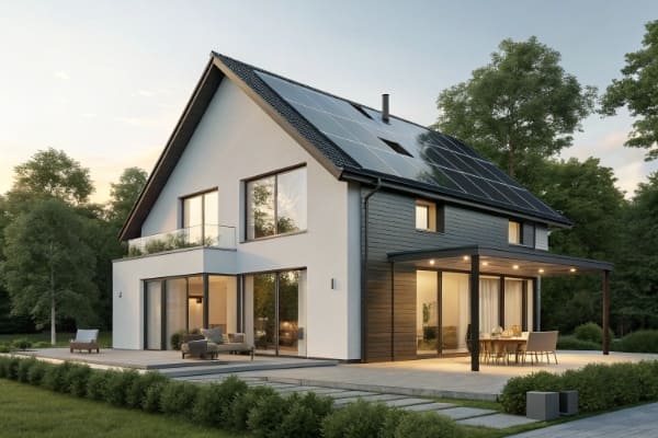 A modern house with solar panels and a 'For Sale' sign