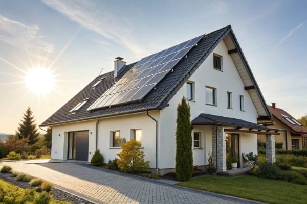 A modern house with solar panels installed on the roof on a sunny day