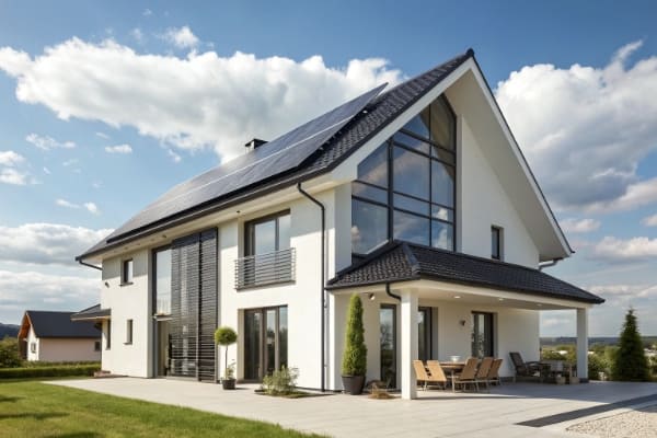 A modern house with solar panels installed on the roof under a clear blue sky