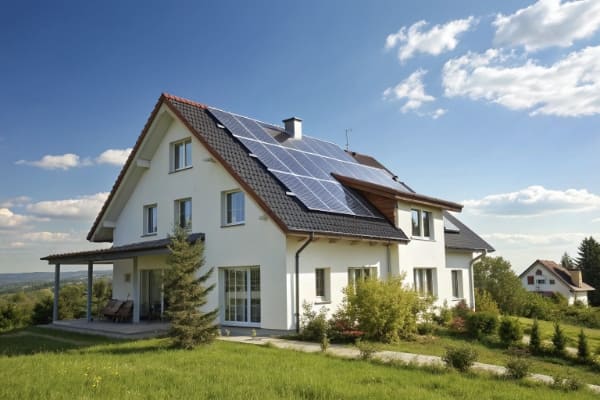 A modern house with solar panels installed on the roof under a clear blue sky.
