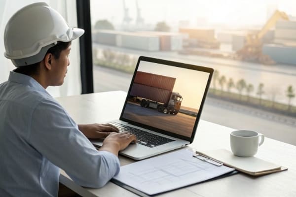 A person at a desk coordinating logistics on a computer screen