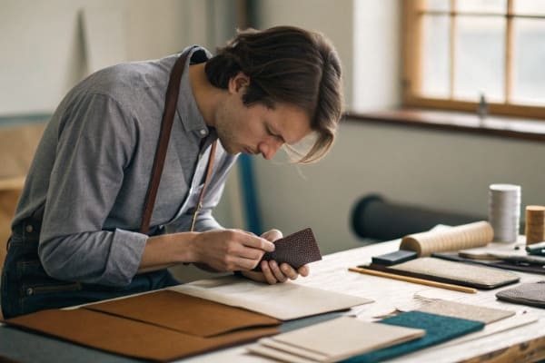 A person inspecting a product sample at their desk