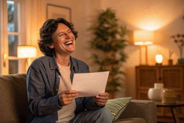 a person looking happily at a low electricity bill