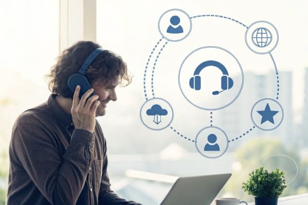 A person on a phone call with customer service icons around them