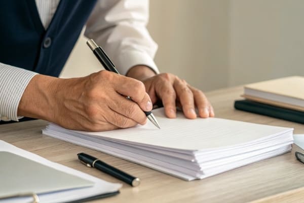 A person signing a stack of official documents and permits