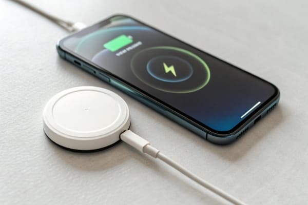 A phone screen showing charging speed with a MagSafe compatible charger