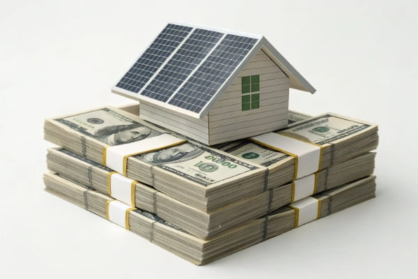 A pile of money with a solar panel on top