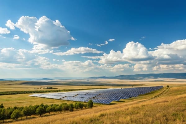 A pristine landscape with a solar farm in the distance under a clear blue sky