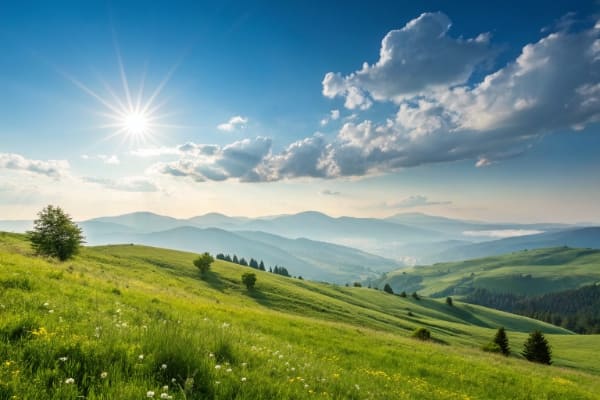 A pristine natural landscape with the sun shining brightly