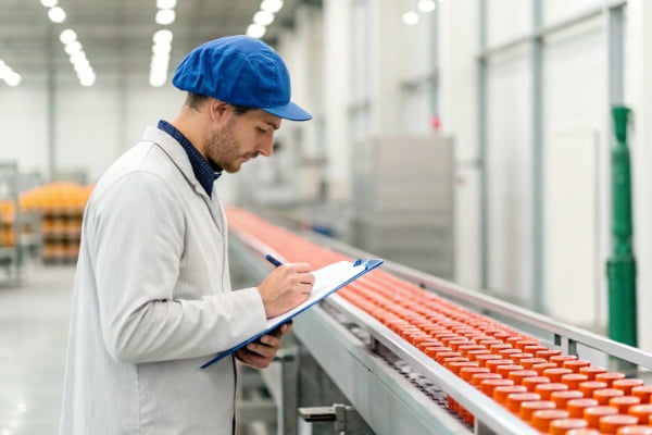 A quality control inspector checking products with a checklist