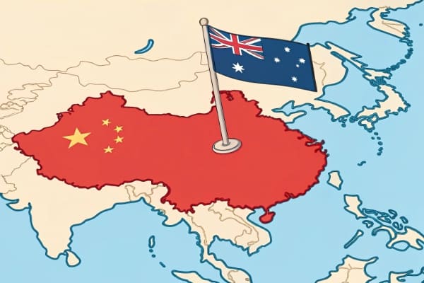 A red flag on a map between China and Australia