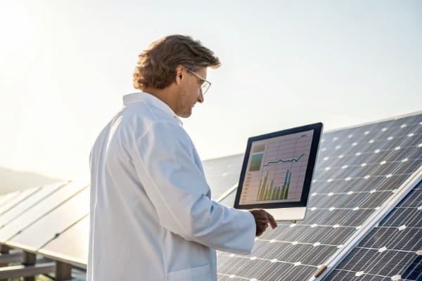 A scientist in a lab coat reviewing data with solar panels in the background