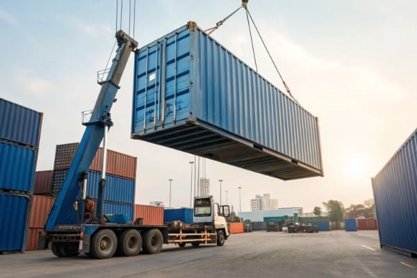 A shipping container being loaded onto a truck