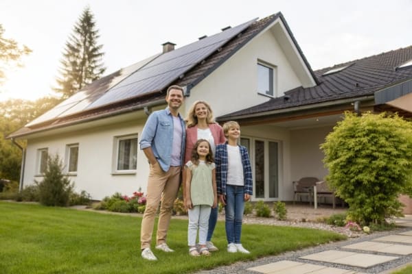 A smiling family standing in front of their home, with solar panels visible on the roof.