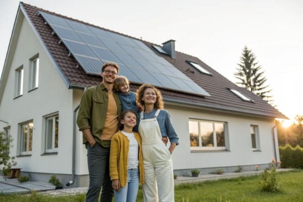 A smiling family standing in front of their home with newly installed solar panels