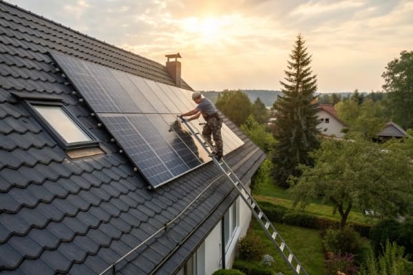 A solar panel installer working on a residential roof