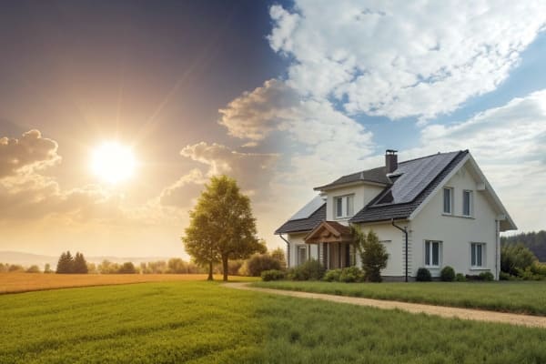 A split image showing a perfect house for solar on one side and an unsuitable, shaded house on the other