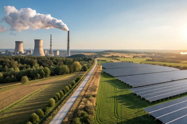 A split image showing a polluting power plant on one side and a clean solar farm on the other.