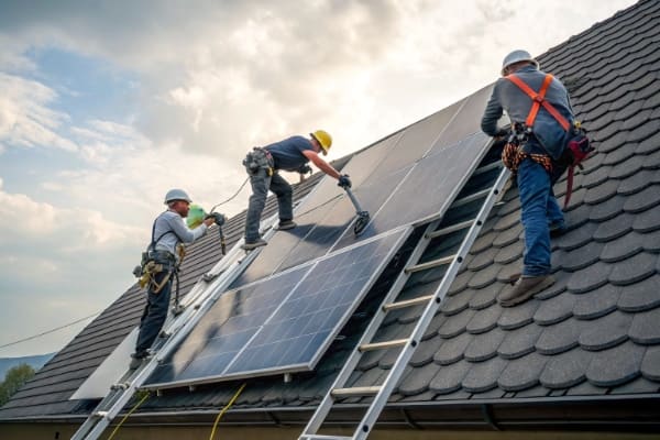 A team of workers installing solar panels on a roof