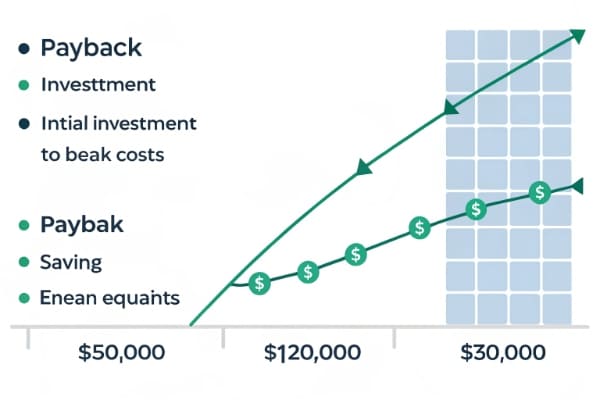 A timeline graphic showing the solar panel payback period with a break-even point