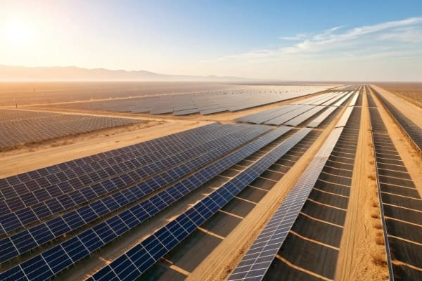 A utility-scale solar power plant with rows of panels
