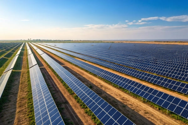 A vast field of solar panels under a clear blue sky