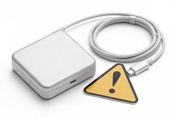 A warning icon overlayed on a cheap, generic-looking MagSafe accessory