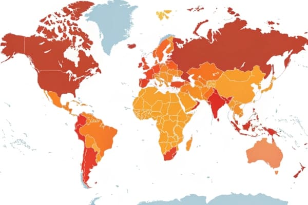 A world map highlighting high solar irradiance zones in red and orange