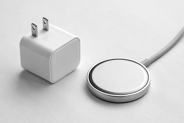 A 20W USB-C power adapter next to a MagSafe charger puck