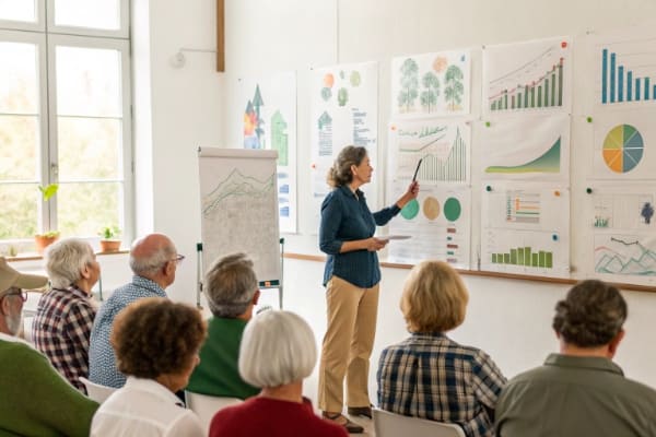 A community meeting with charts and diagrams of a solar project