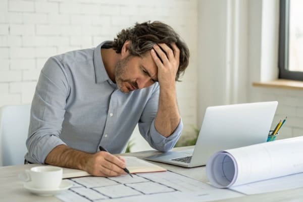 A developer looking stressed while looking at project plans and a calendar
