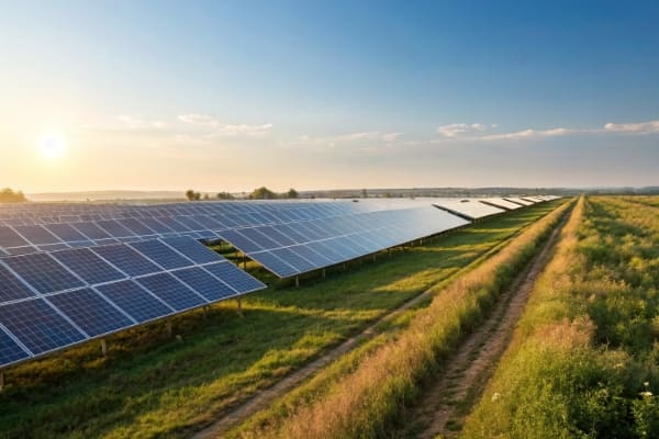 A field of solar panels under a clear blue sky