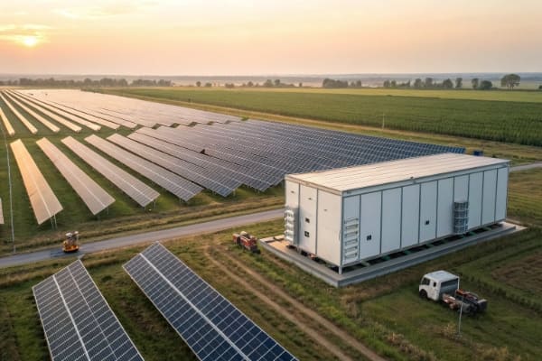 A large central inverter unit inside a utility-scale solar facility