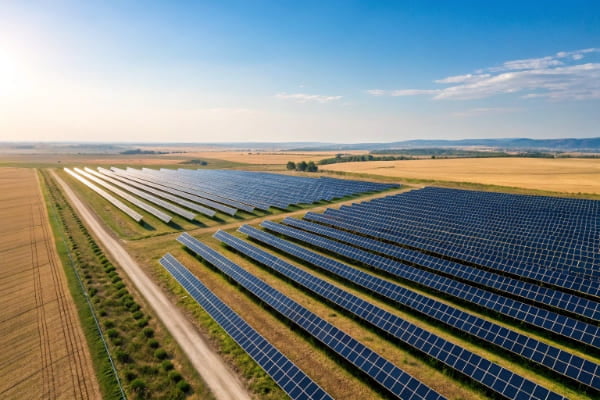 A large-scale solar farm with rows of panels under a clear blue sky