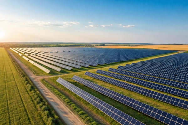 A large utility-scale solar farm under a clear blue sky