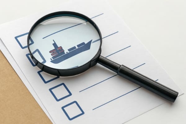 A magnifying glass inspecting a shipping document