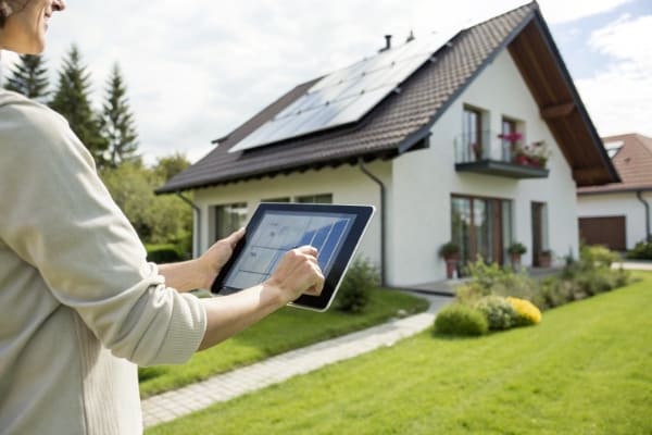 A person using a tablet to assess a home's suitability for solar panels
