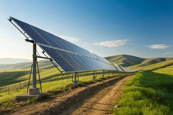 A row of solar panels mounted on a single-axis tracking system