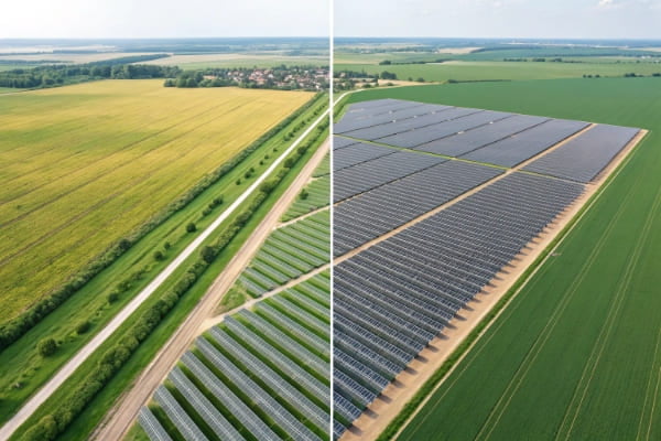 A side-by-side comparison of a 50 MW and 100 MW solar farm layout