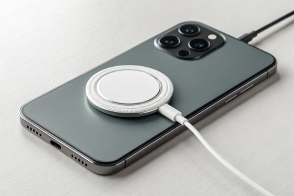 An Android phone with a magnetic ring attached, connecting to a MagSafe charger
