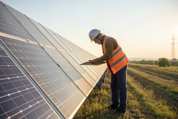 An engineer inspecting a high-efficiency solar panel in a field