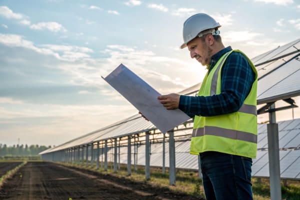 An engineer looking at plans with a half-finished solar farm in the background