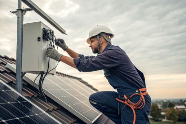 An installer working on the wiring and inverter for a solar panel system