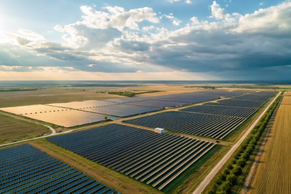 An aerial view showing the massive land area of a solar farm