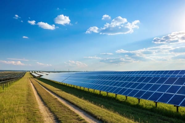 Clean blue sky over a field of solar panels