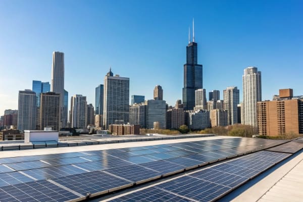 Clear blue sky over a city skyline with solar panels on rooftops